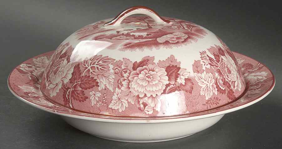 English Scenery Pink (Older, Smooth) Muffin Dish & Lid by Wood & Sons-1