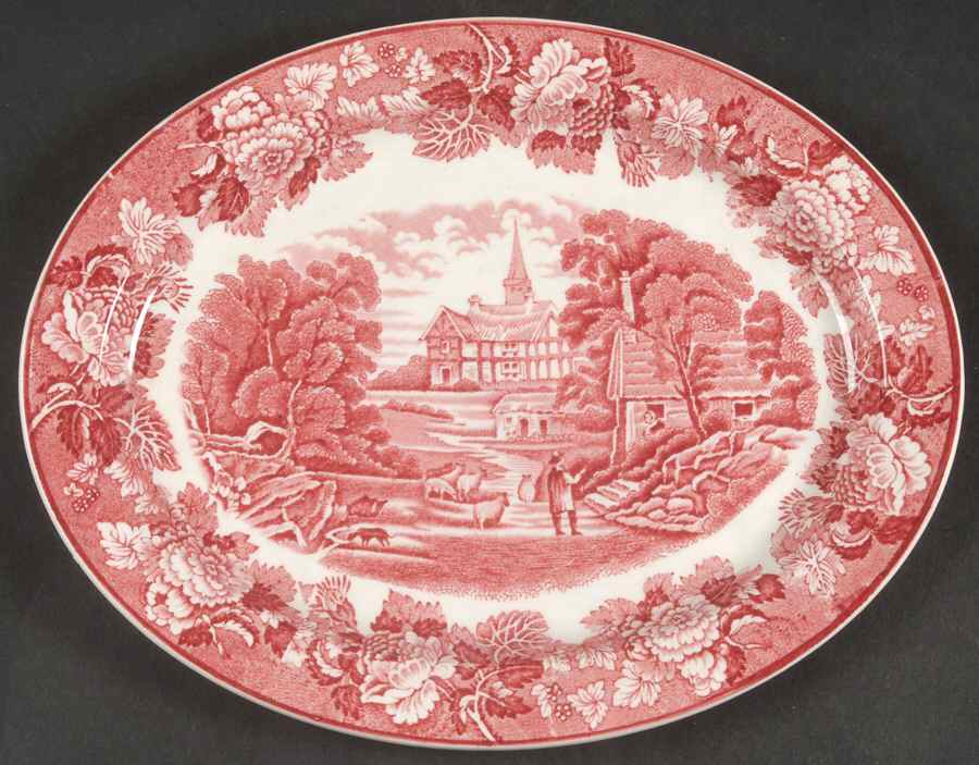 English Scenery Pink (Older, Smooth) 10" Oval Serving Platter by Wood & Sons-1