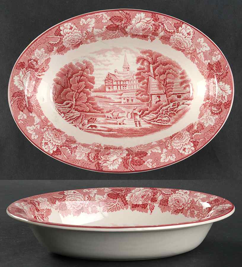 English Scenery Pink (Older, Smooth) 9" Oval Vegetable Bowl by Wood & Sons-1