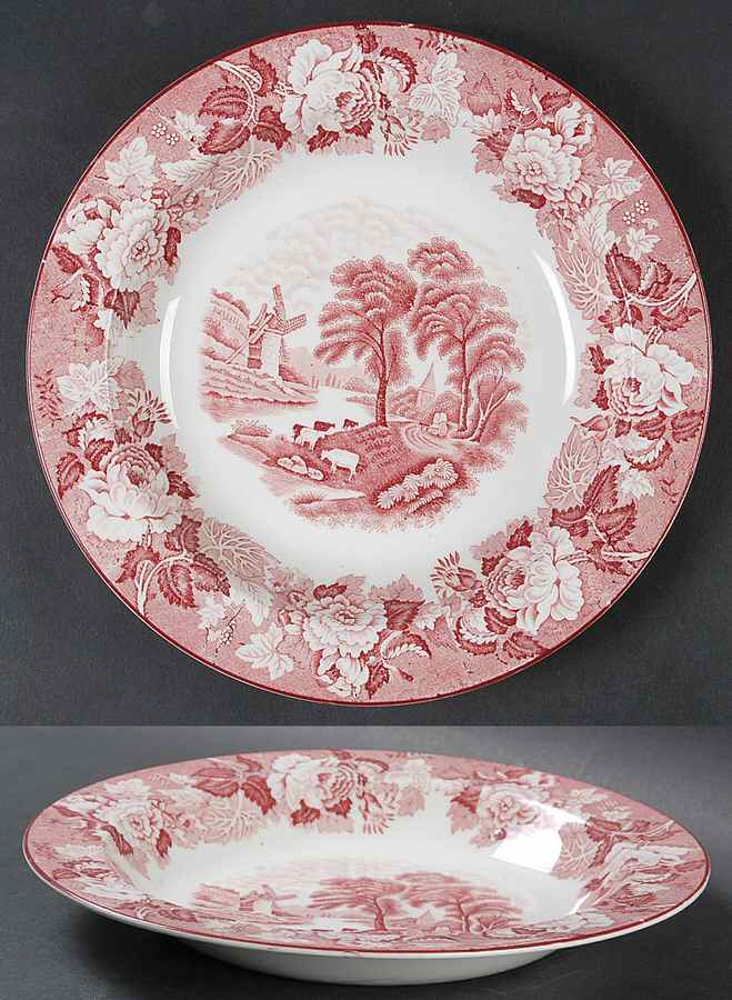 English Scenery Pink (Older, Smooth) Large Rim Soup Bowl by Wood & Sons-1