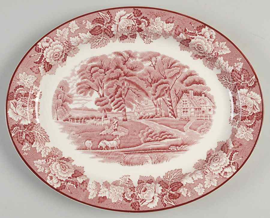 English Scenery Pink (Older, Smooth) 11" Oval Serving Platter by Wood & Sons-1