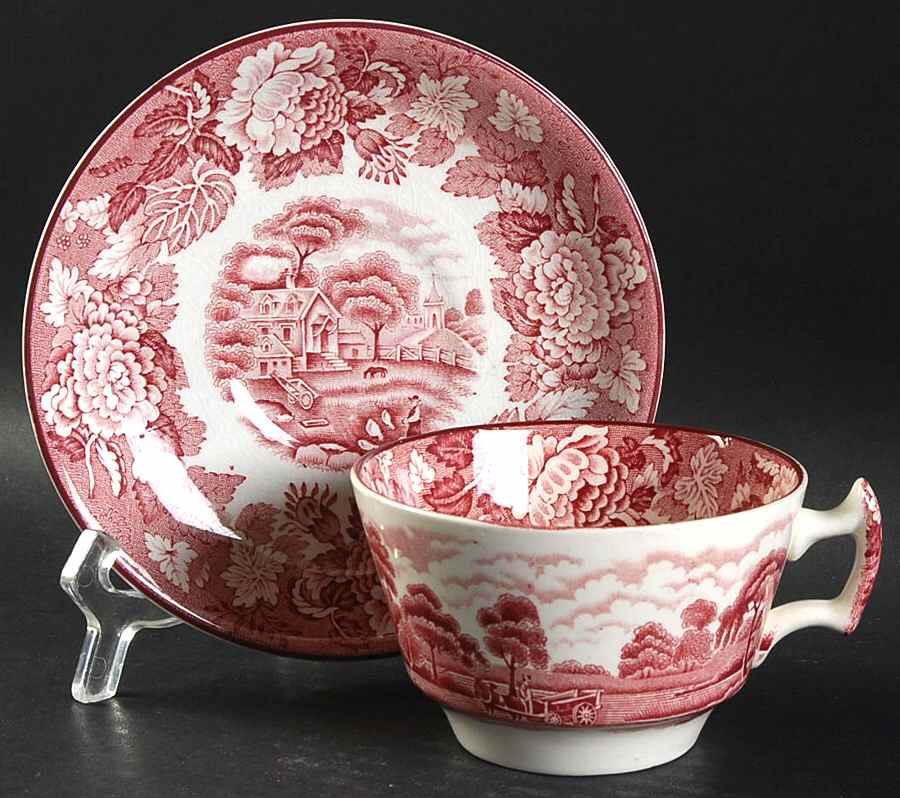 English Scenery Pink (Older, Smooth) Flat Cup & Saucer Set by Wood & Sons-1