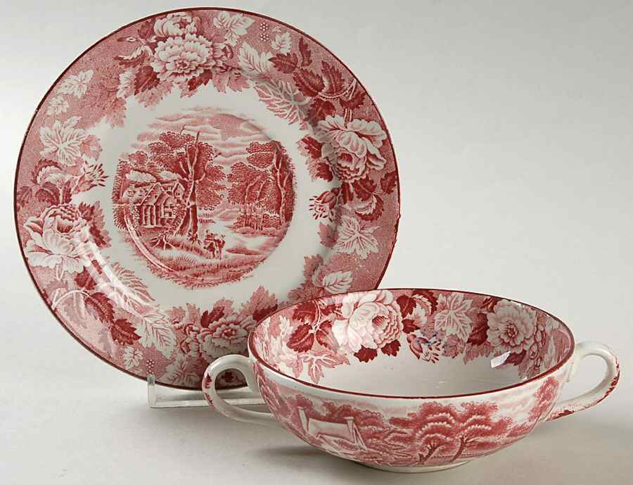 English Scenery Pink (Older, Smooth) Flat Cream Soup Bowl & Saucer Set by Wood & Sons-1
