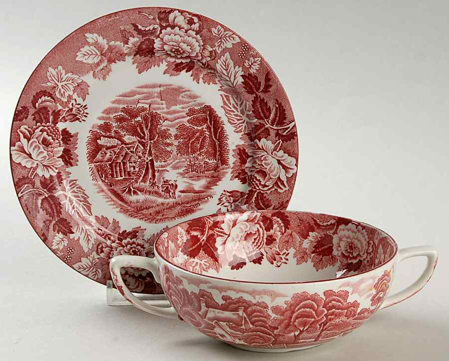 English Scenery Pink (Older, Smooth) Flat Cream Soup & Saucer Set by Wood & Sons-1