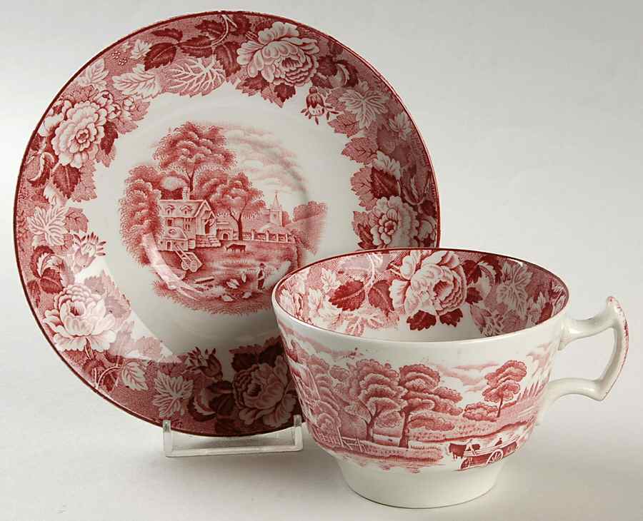 English Scenery Pink (Older, Smooth) Oversized Cup & Saucer Set by Wood & Sons-1
