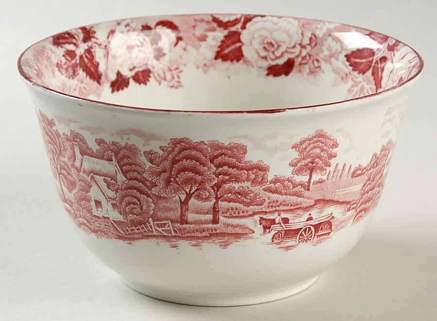 English Scenery Pink (Older, Smooth) Cranberry Bowl by Wood & Sons-1