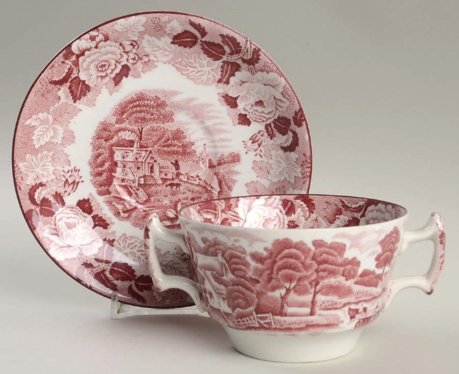 English Scenery Pink (Older, Smooth) Flat Bouillon Cup & Saucer by Wood & Sons-1