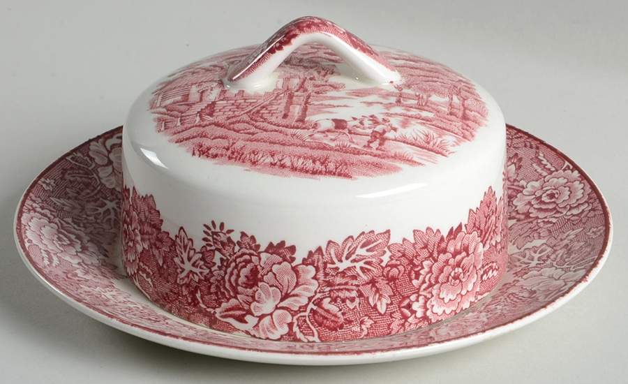 English Scenery Pink (Older, Smooth) Round Covered Butter by Wood & Sons-1