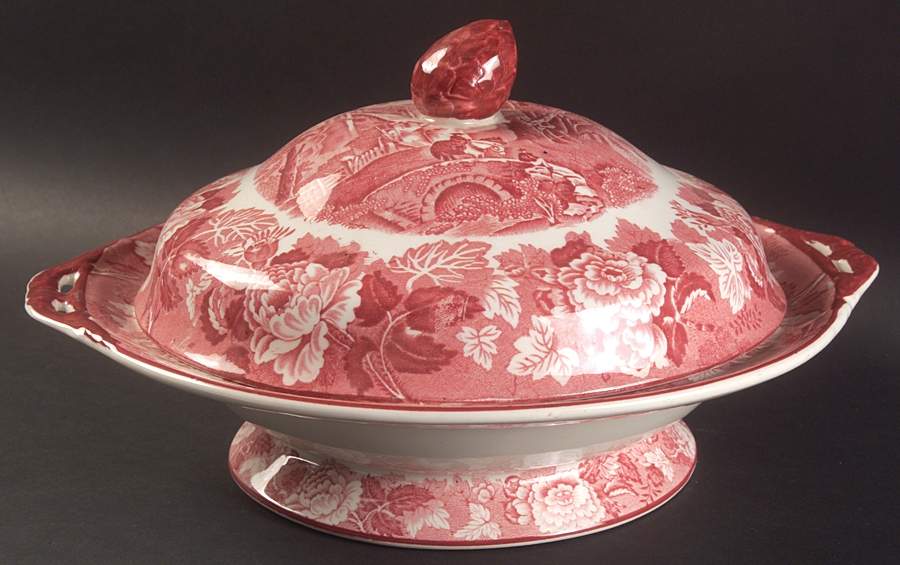 English Scenery Pink (Older, Smooth) Round Covered Vegetable by Wood & Sons-1
