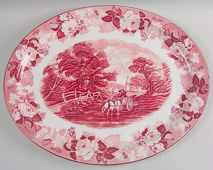 English Scenery Pink (Older, Smooth) 18" Oval Serving Platter by Wood & Sons-1