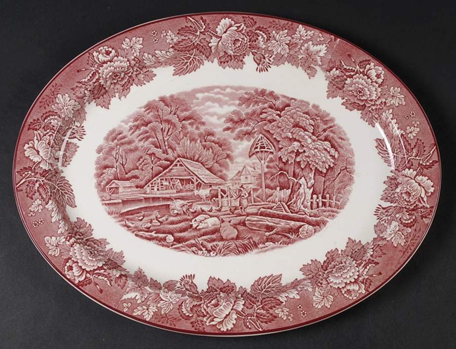 English Scenery Pink (Older, Smooth) 14" Oval Serving Platter by Wood & Sons-1