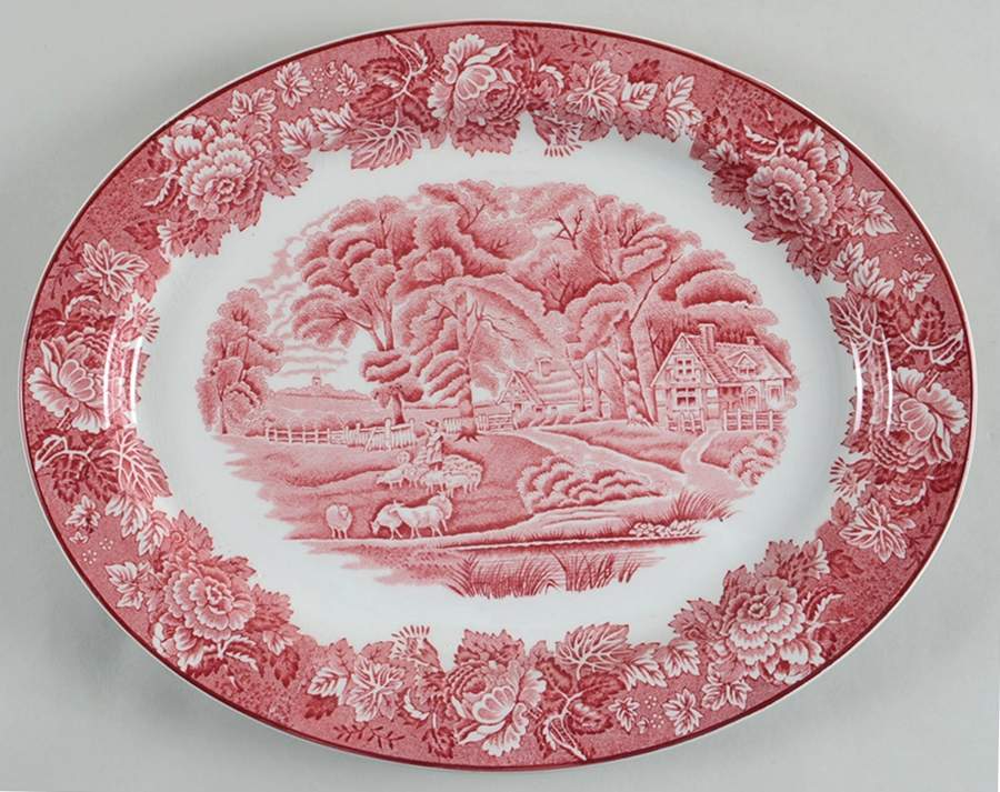 English Scenery Pink (Older, Smooth) 12" Oval Serving Platter by Wood & Sons-1