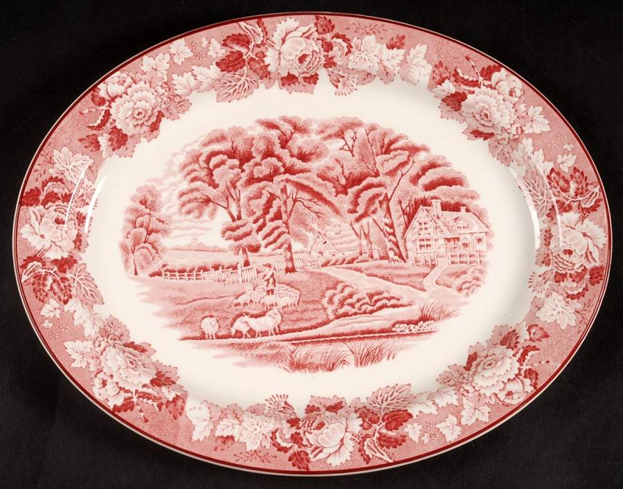 English Scenery Pink (Older, Smooth) 12" Oval Serving Platter by Wood & Sons-1