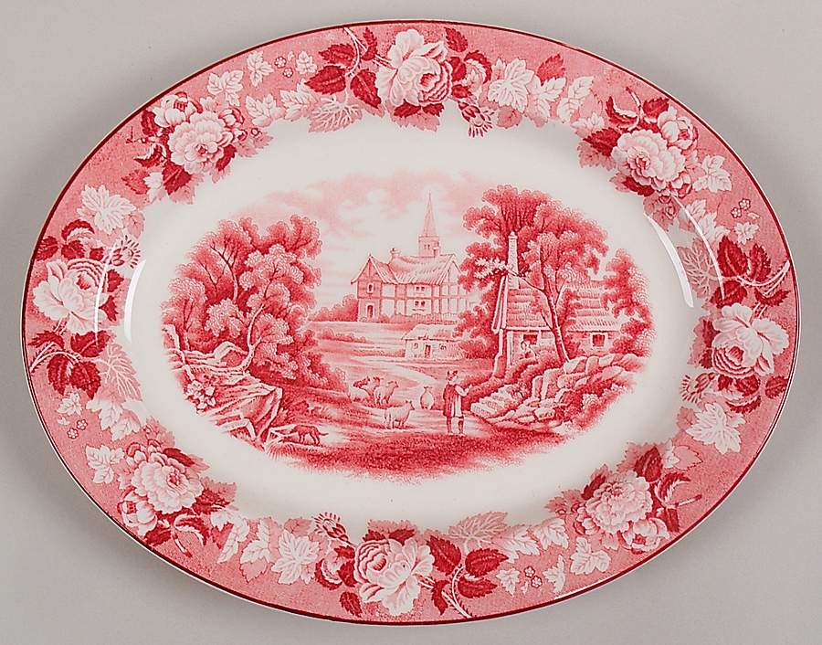 English Scenery Pink (Older, Smooth) 10" Oval Serving Platter by Wood & Sons-1