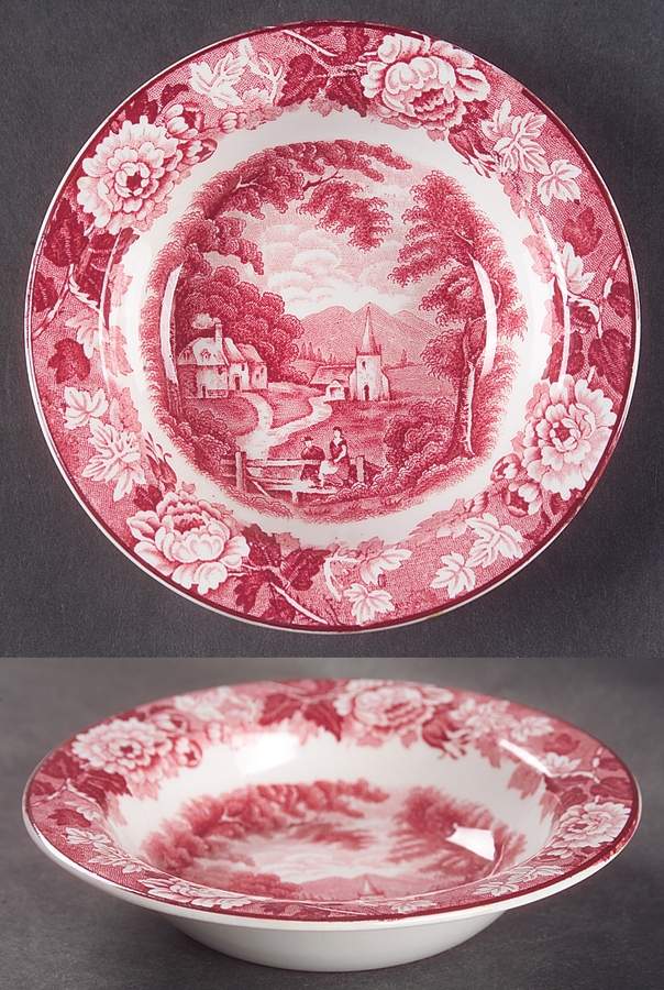 English Scenery Pink (Older, Smooth) Rim Fruit/Dessert (Sauce) Bowl by Wood & Sons-1