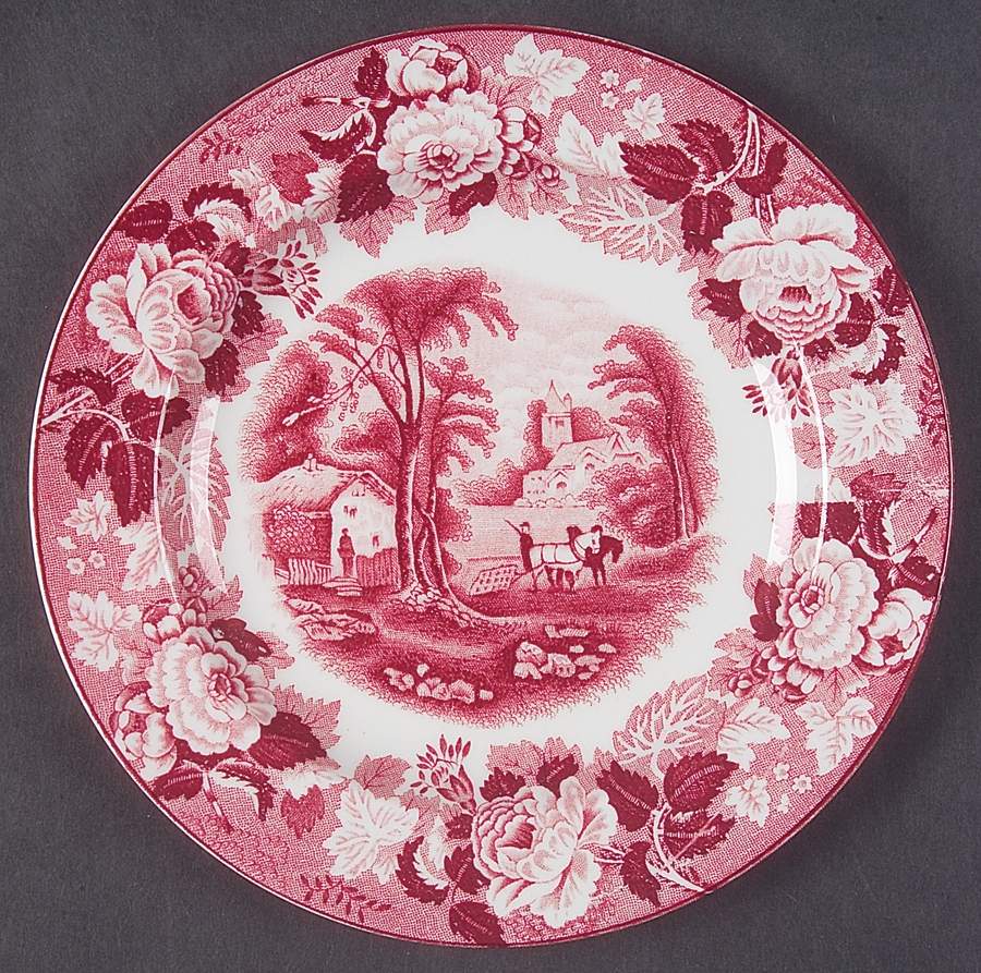 English Scenery Pink (Older, Smooth) Dessert/Pie Plate by Wood & Sons-1