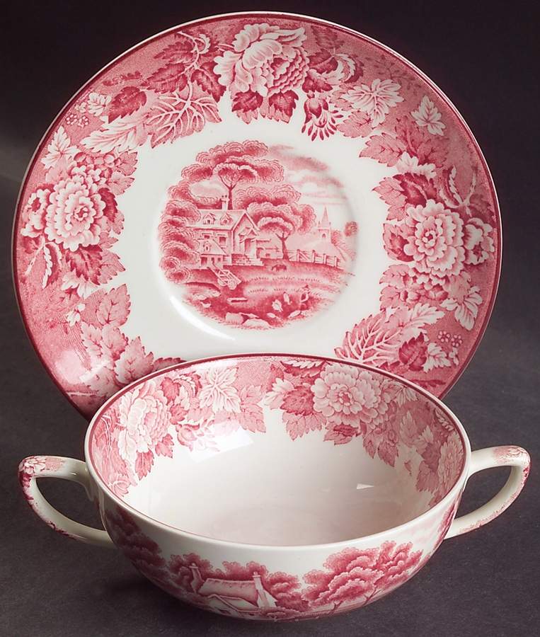 English Scenery Pink (Older, Smooth) Flat Cream Soup Bowl & Saucer Set by Wood & Sons-1