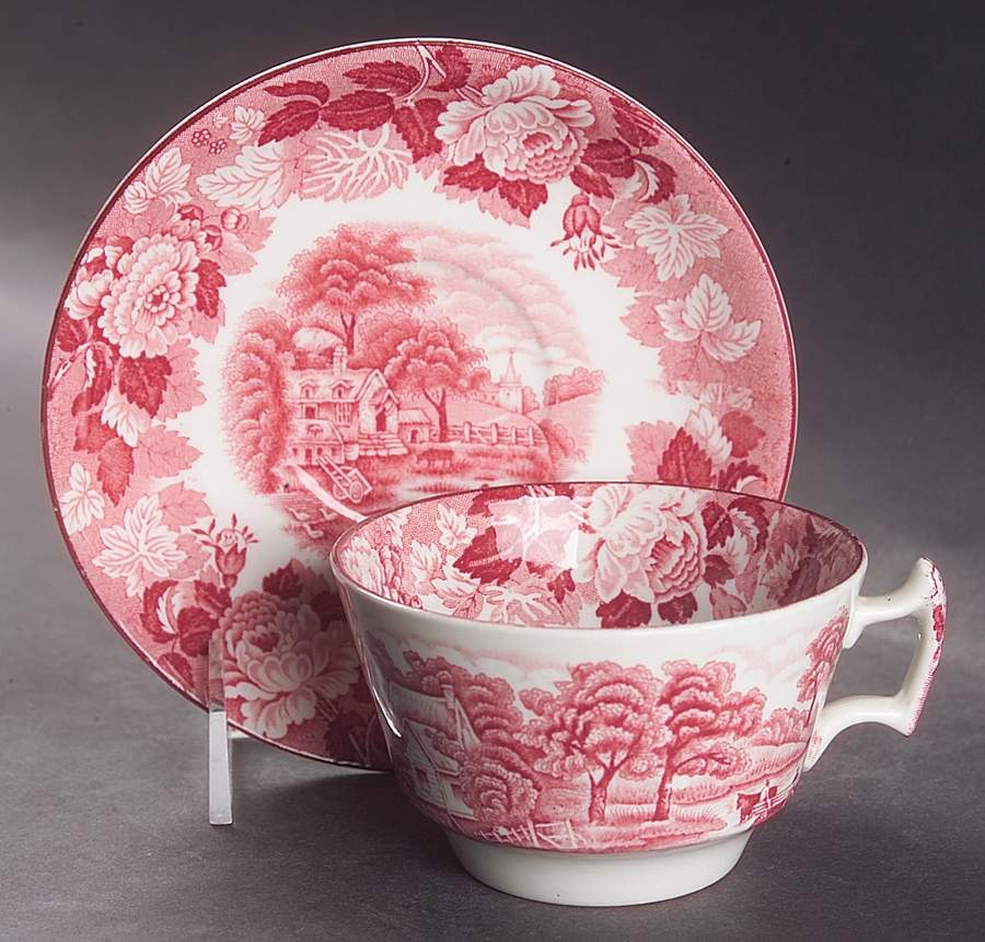 English Scenery Pink (Older, Smooth) Flat Cup & Saucer Set by Wood & Sons-1