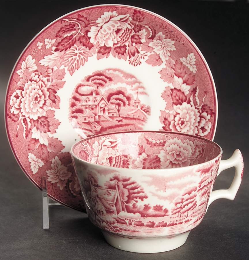 English Scenery Pink (Older, Smooth) Flat Cup & Saucer Set by Wood & Sons-1