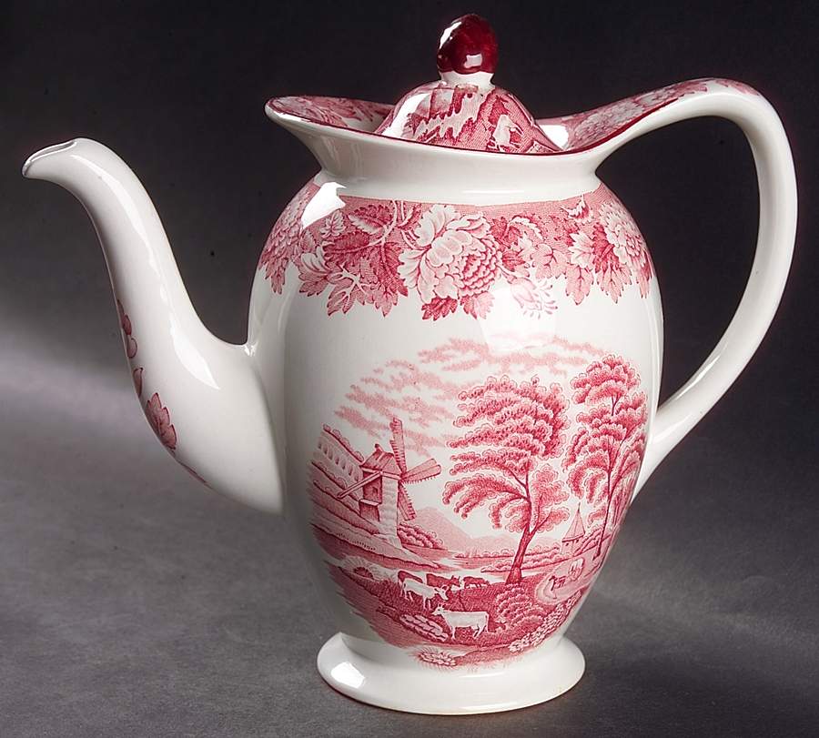 English Scenery Pink (Older, Smooth) Small Coffee Pot & Lid by Wood & Sons-1