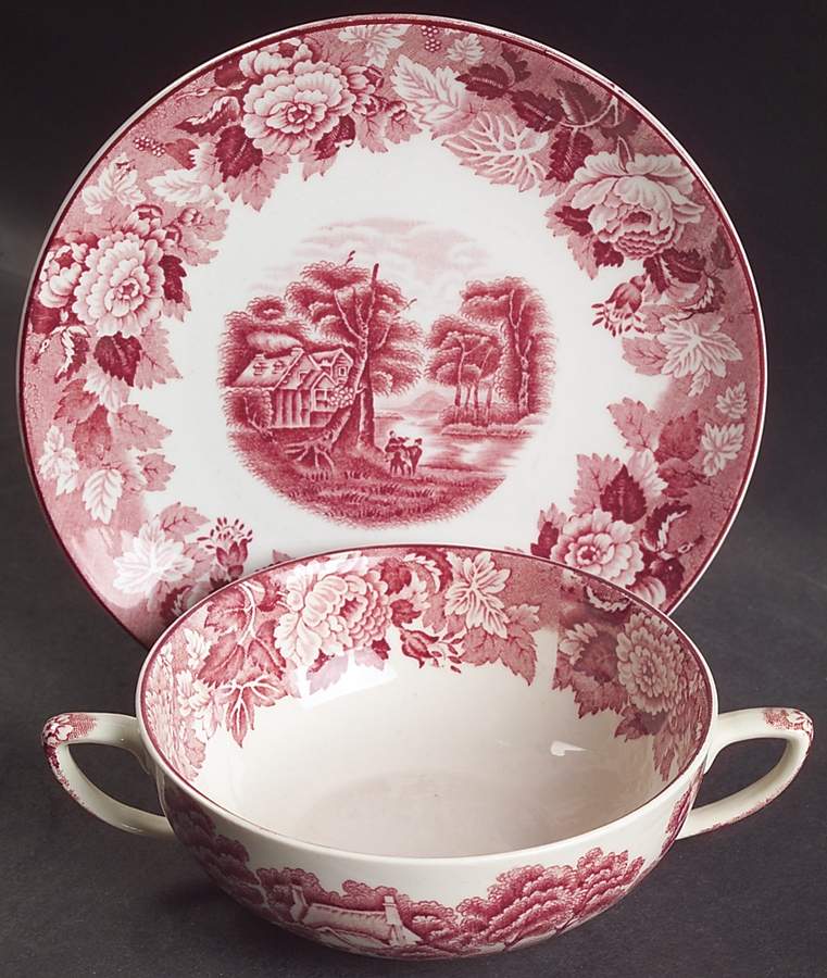 English Scenery Pink (Older, Smooth) Flat Cream Soup Bowl & Saucer Set by Wood & Sons-1