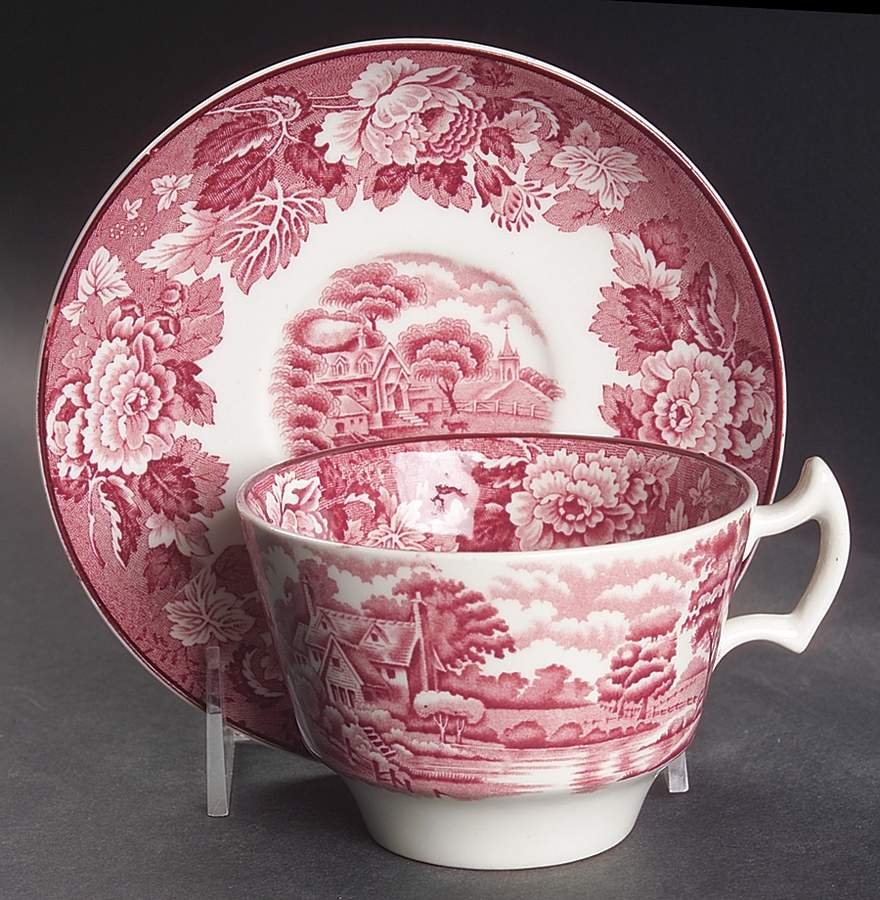 English Scenery Pink (Older, Smooth) Oversized Cup & Saucer Set by Wood & Sons-1