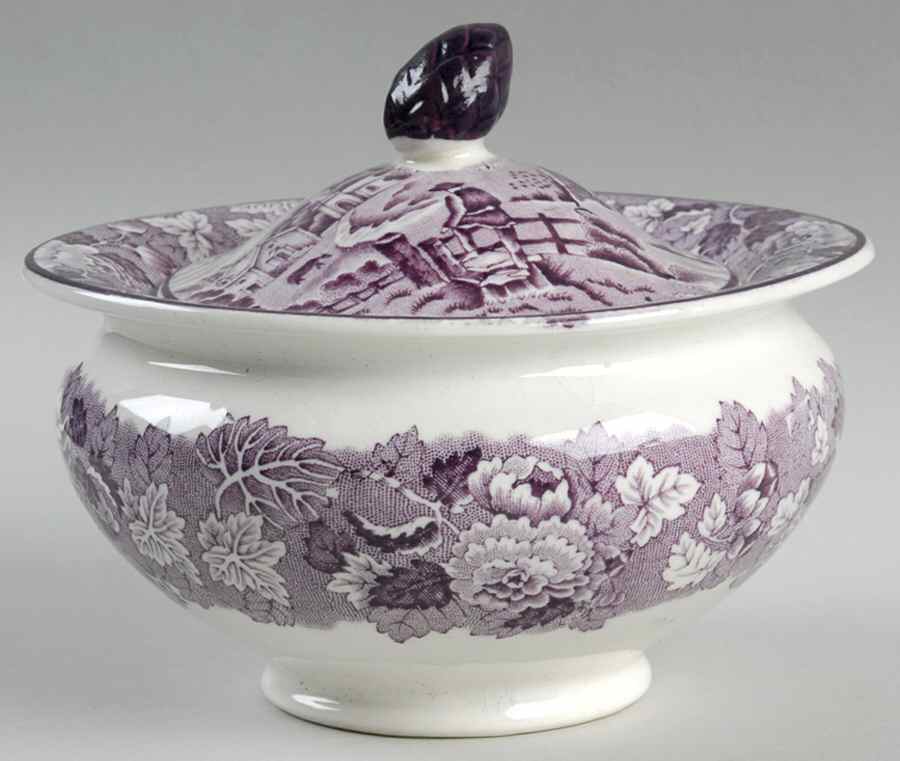 English Scenery Purple Sugar Bowl & Lid by Wood & Sons-1