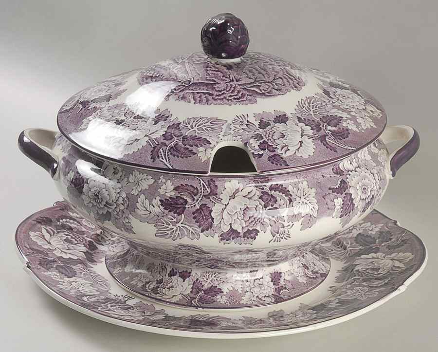 English Scenery Purple Tureen & Lid w/Underplate by Wood & Sons-1