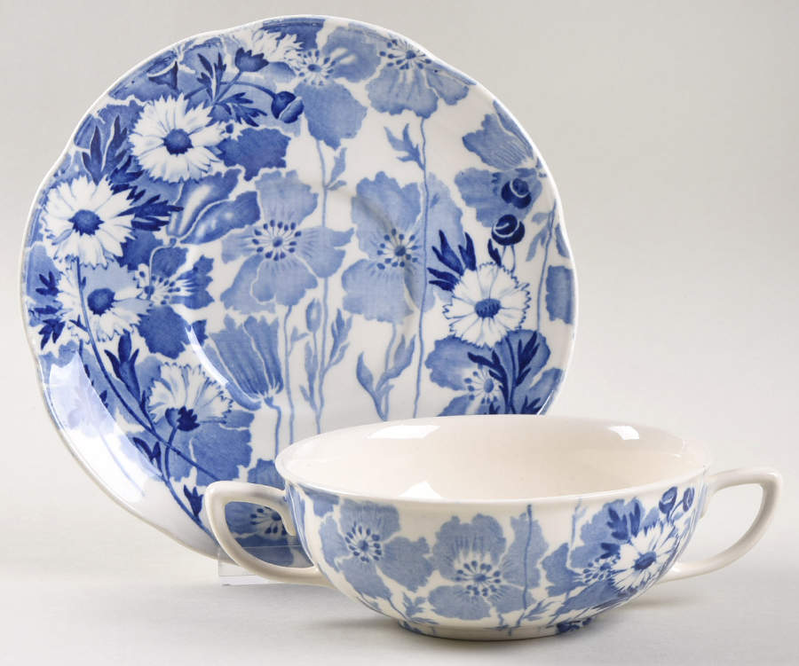 Gay Day Blue (Scalloped) Footed Cream Soup Bowl & Saucer Set by Wood & Sons-1