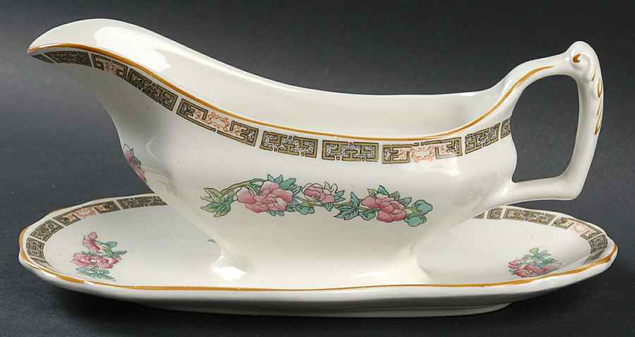 Indian Tree (Yellow Trim) Gravy Boat with Attached Underplate by Wood & Sons-1