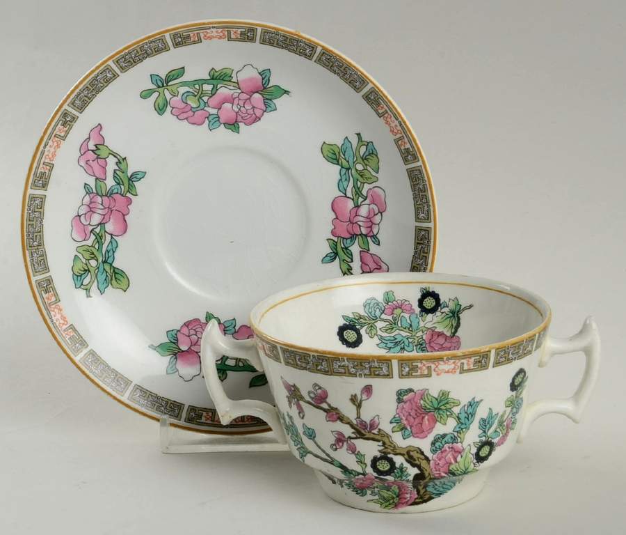 Indian Tree (Yellow Trim) Flat Bouillon Cup & Saucer by Wood & Sons-1
