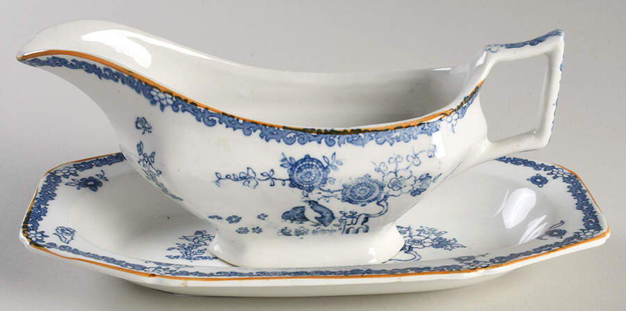 Old Bow Blue Gravy Boat & Underplate by Wood & Sons-1