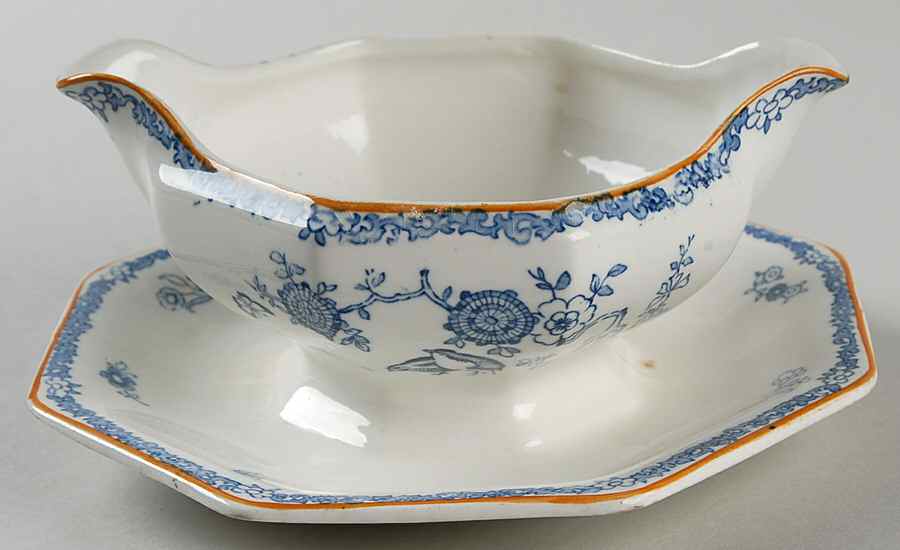 Old Bow Blue Gravy Boat with Attached Underplate by Wood & Sons-1