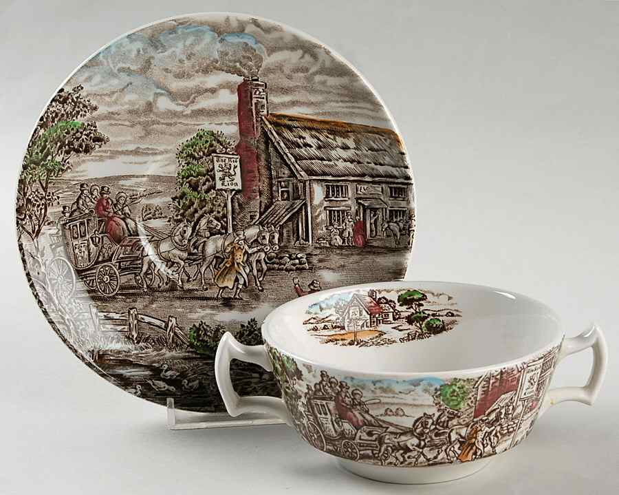 Post House Brown Multicolor (Smooth) Flat Cream Soup Bowl & Saucer Set by Wood & Sons-1