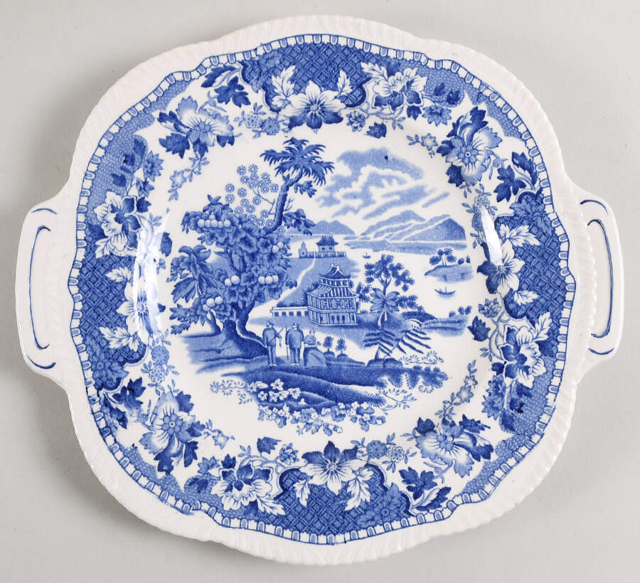 Seaforth Blue (Rope Edge, Scallop) Handled Cake Plate by Wood & Sons-1