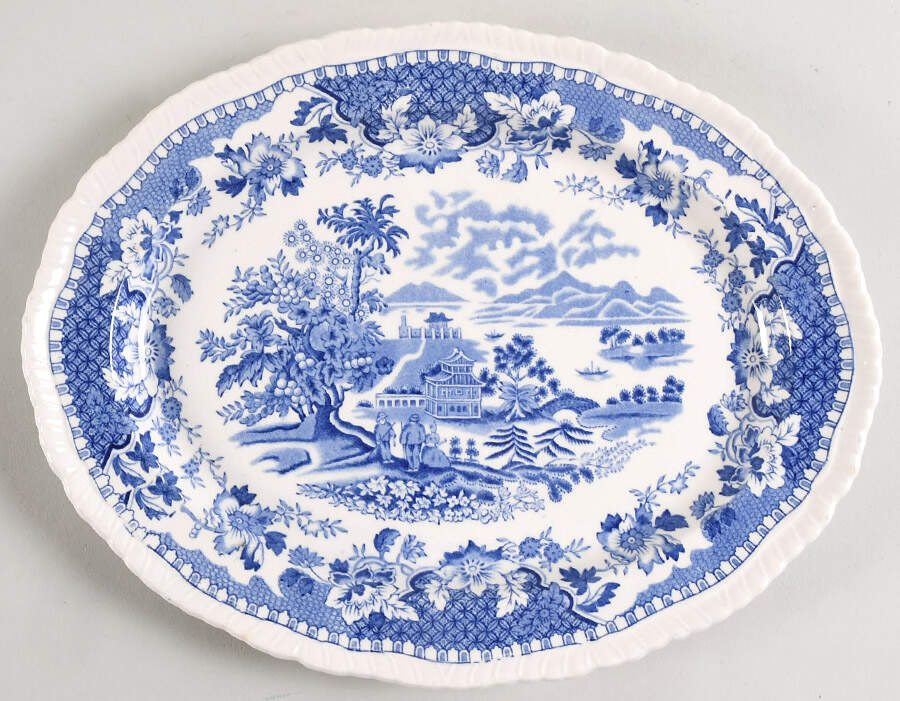 Seaforth Blue (Rope Edge, Scallop) 11" Oval Serving Platter by Wood & Sons-1