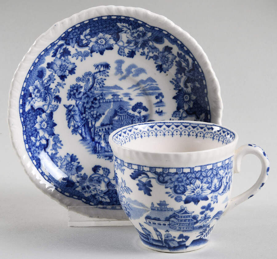 Seaforth Blue (Rope Edge, Scallop) Flat Demitasse Cup & Saucer Set by Wood & Sons-1