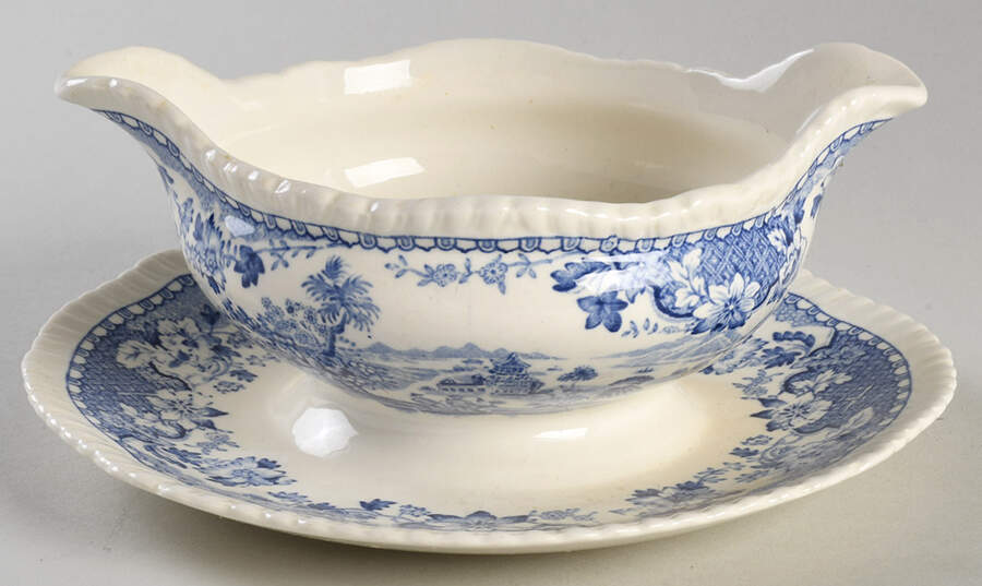 Seaforth Blue (Rope Edge, Scallop) Gravy Boat with Attached Underplate by Wood & Sons-1