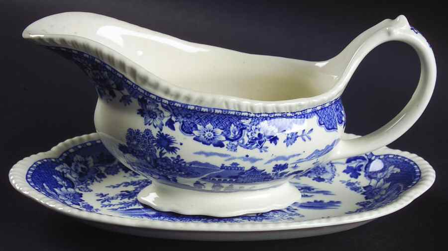 Seaforth Blue (Rope Edge, Scallop) Gravy Boat & Underplate/Relish by Wood & Sons-1