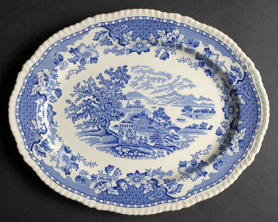 Seaforth Blue (Rope Edge, Scallop) 14" Oval Serving Platter by Wood & Sons-1