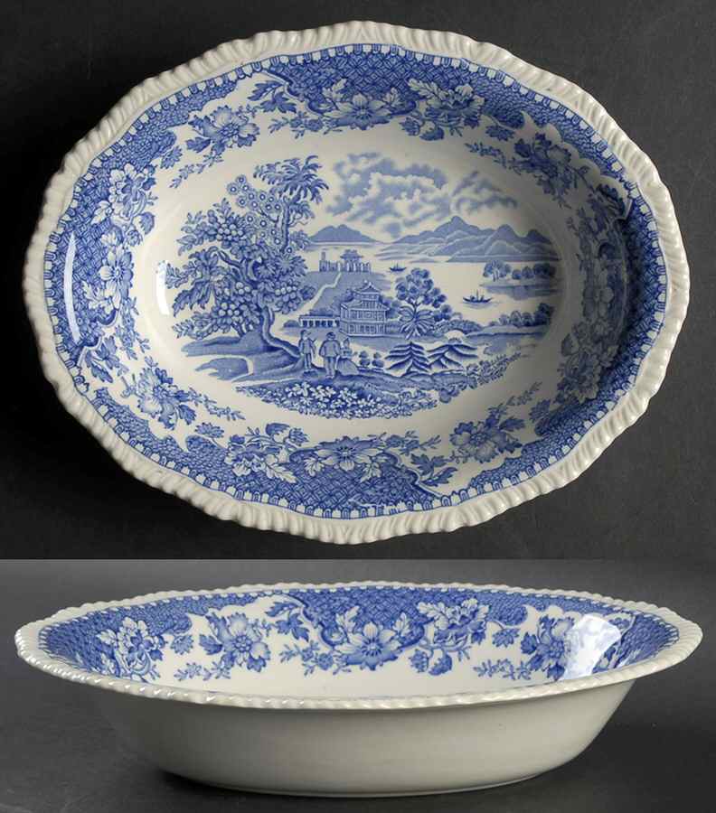 Seaforth Blue (Rope Edge, Scallop) 10" Oval Vegetable Bowl by Wood & Sons-1