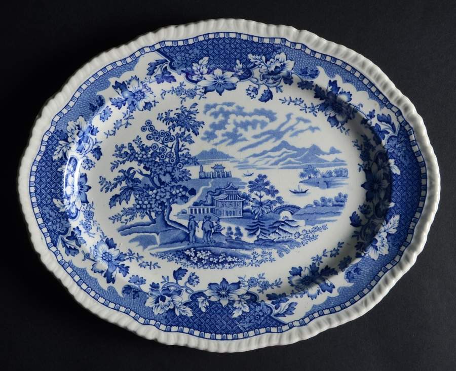 Seaforth Blue (Rope Edge, Scallop) 12" Oval Serving Platter by Wood & Sons-1