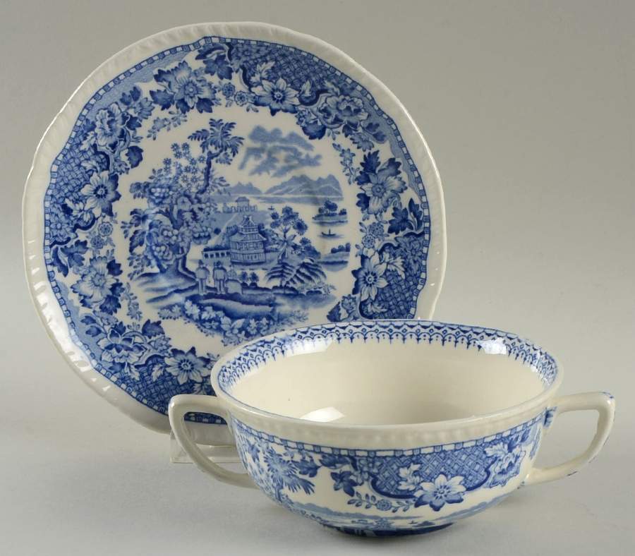 Seaforth Blue (Rope Edge, Scallop) Flat Cream Soup Bowl & Saucer Set by Wood & Sons-1