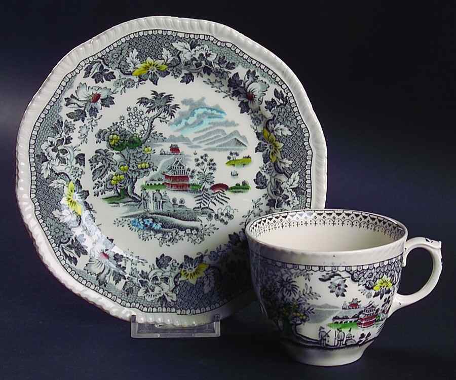 Seaforth Black Multicolor (Rope Edge.Scallop) Flat Cup & Saucer Set by Wood & Sons-1