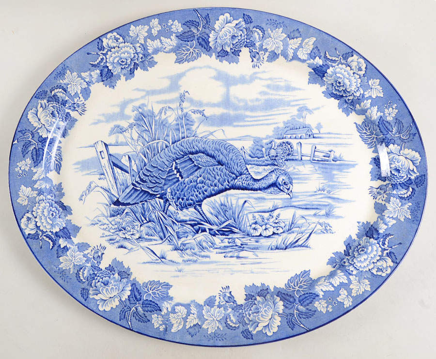 English Scenery Blue (Old Backstamp, Smooth) 21" Oval Serving Platter by Wood & Sons-1
