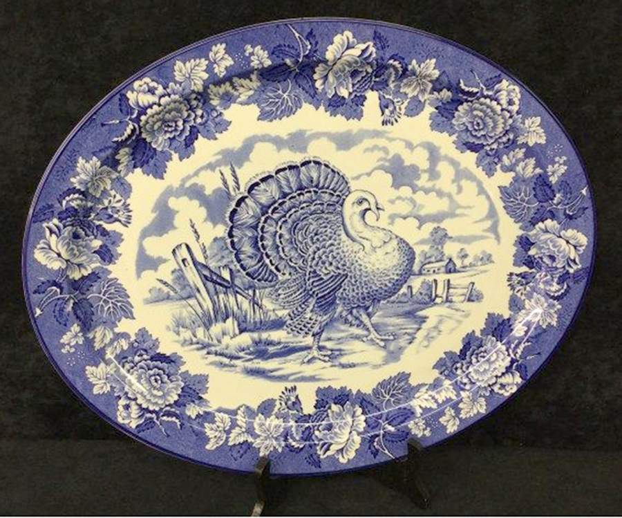 English Scenery Blue (Old Backstamp, Smooth) 18" Oval Serving Platter by Wood & Sons-1