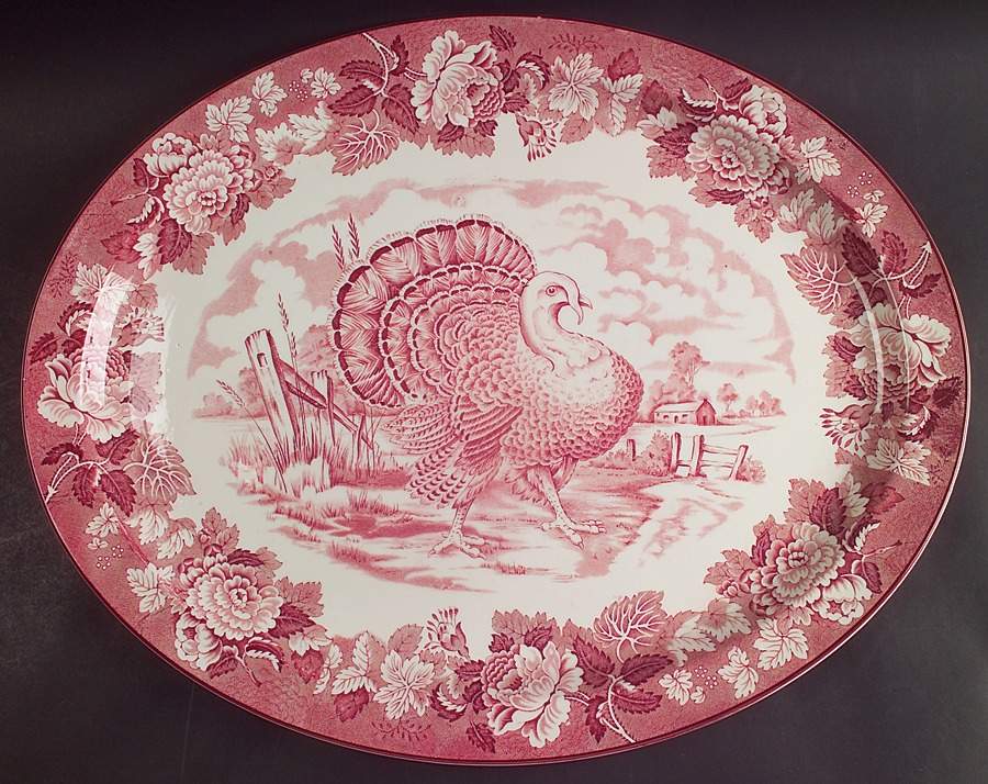 English Scenery Pink (Older, Smooth) 18" Oval Serving Platter by Wood & Sons-1