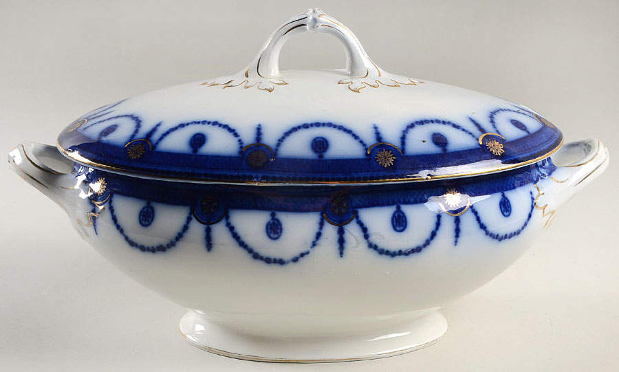 Venice Flow Blue (Gold Trim) Oval Tureen & Lid by Wood & Sons-1