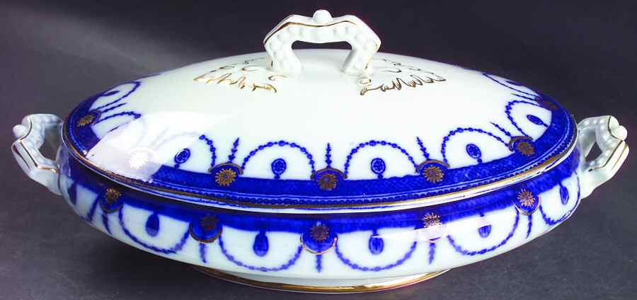 Venice Flow Blue (Gold Trim) Oval Covered Vegetable by Wood & Sons-1