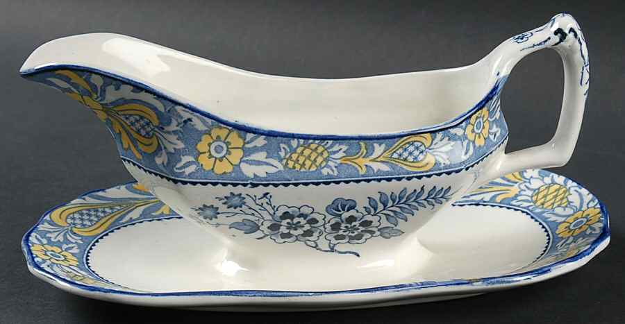 Wincanton Blue and Yellow (Rim Shape) Gravy Boat with Attached Underplate by Wood & Sons-1